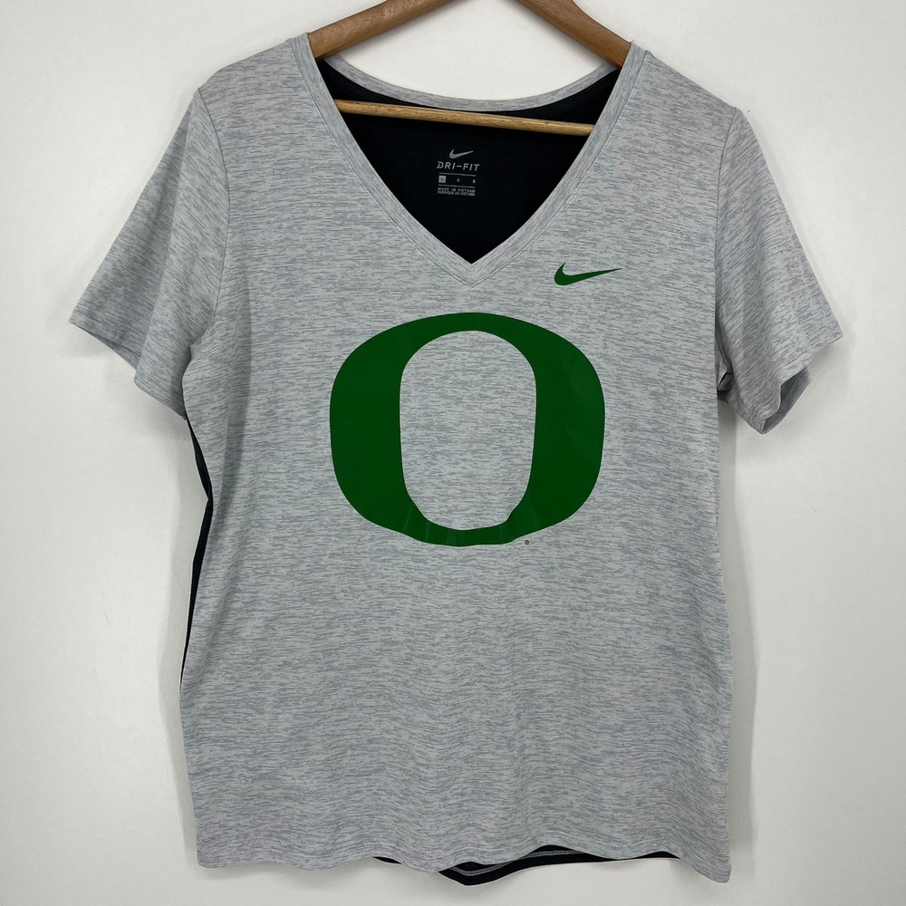 Nike Oregon Ducks Dri-FIT V-Neck T-Shirt Womens Large Gray Black